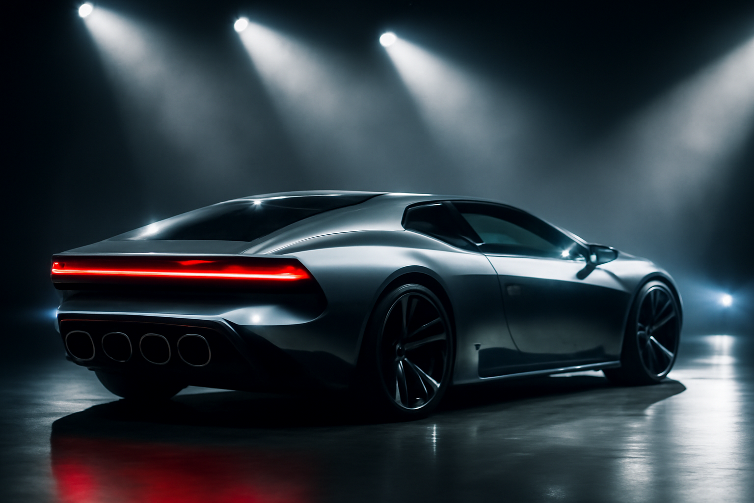 Wedge-shaped electric sports car prototype on stage with four rear exhaust-style ports