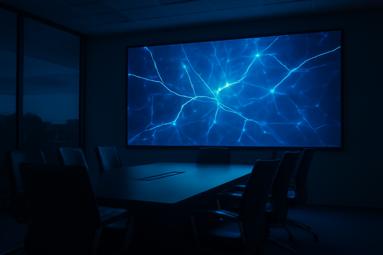 Empty conference room with a large screen displaying abstract AI network visualizations