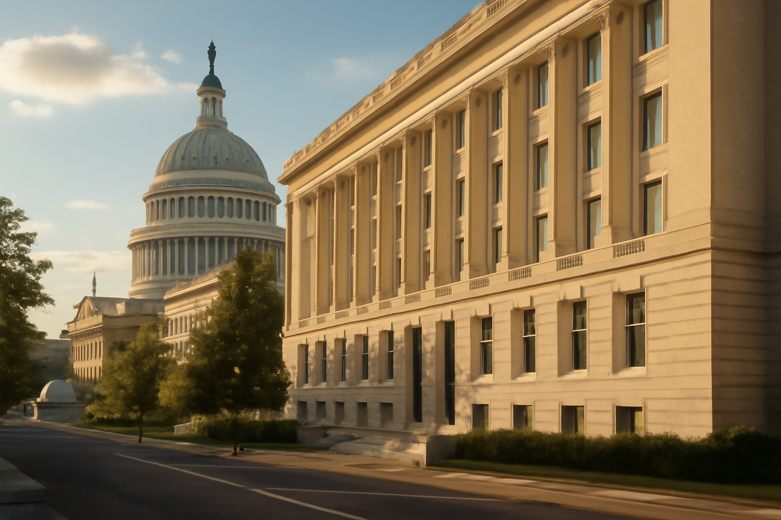 Capitol Hill office building exterior with a congressional seal near the entrance
