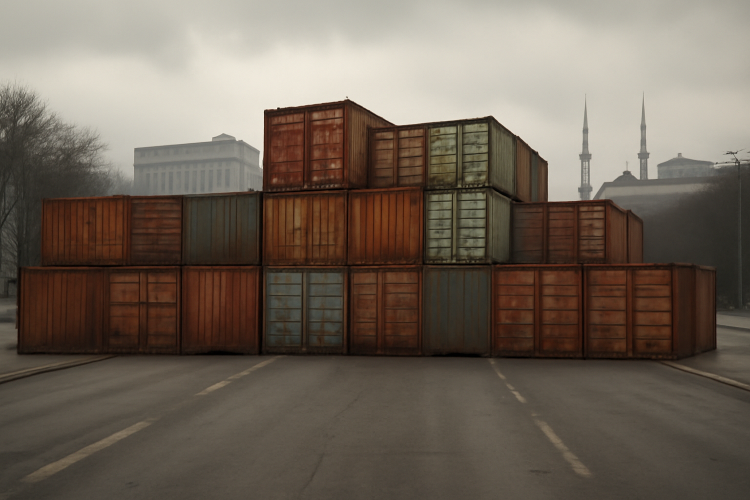 Rows of stacked steel shipping containers forming a barricade across a city road in Islamabad