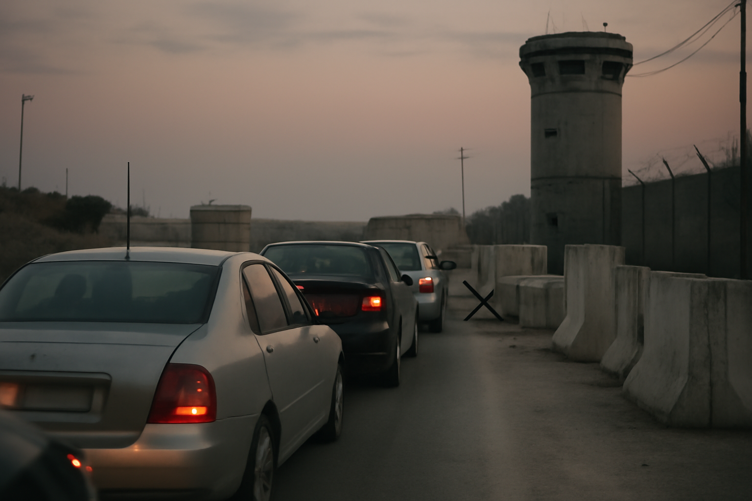A line of cars waiting at an Israeli military checkpoint on a West Bank road