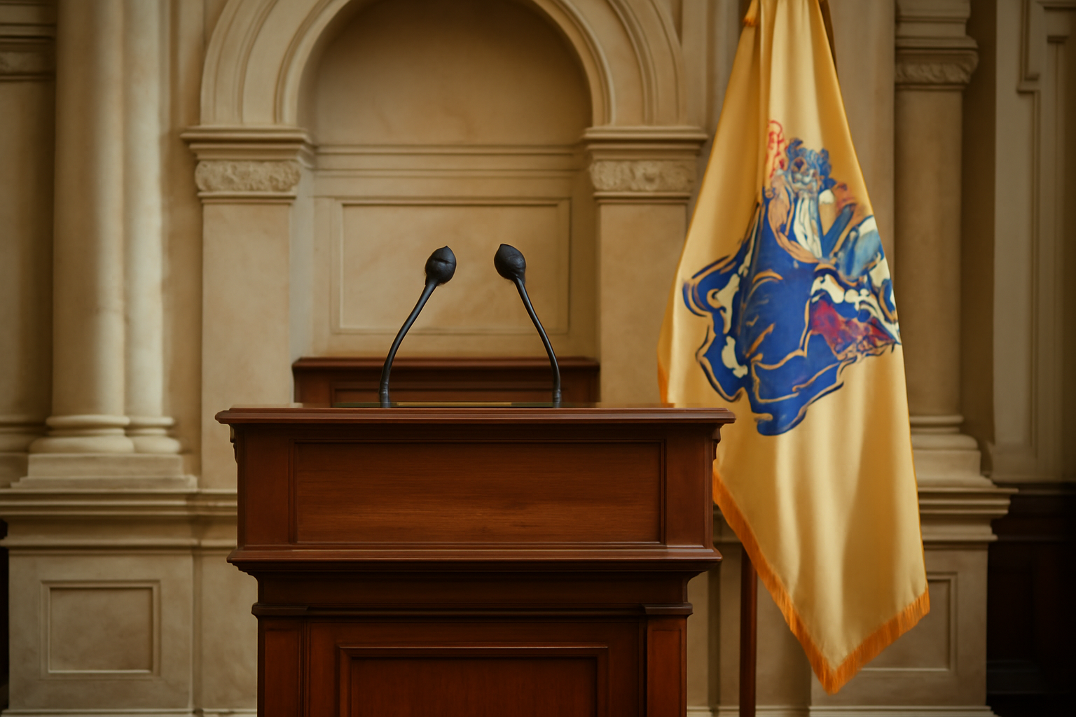 Empty New Jersey Statehouse podium with a state flag in the background