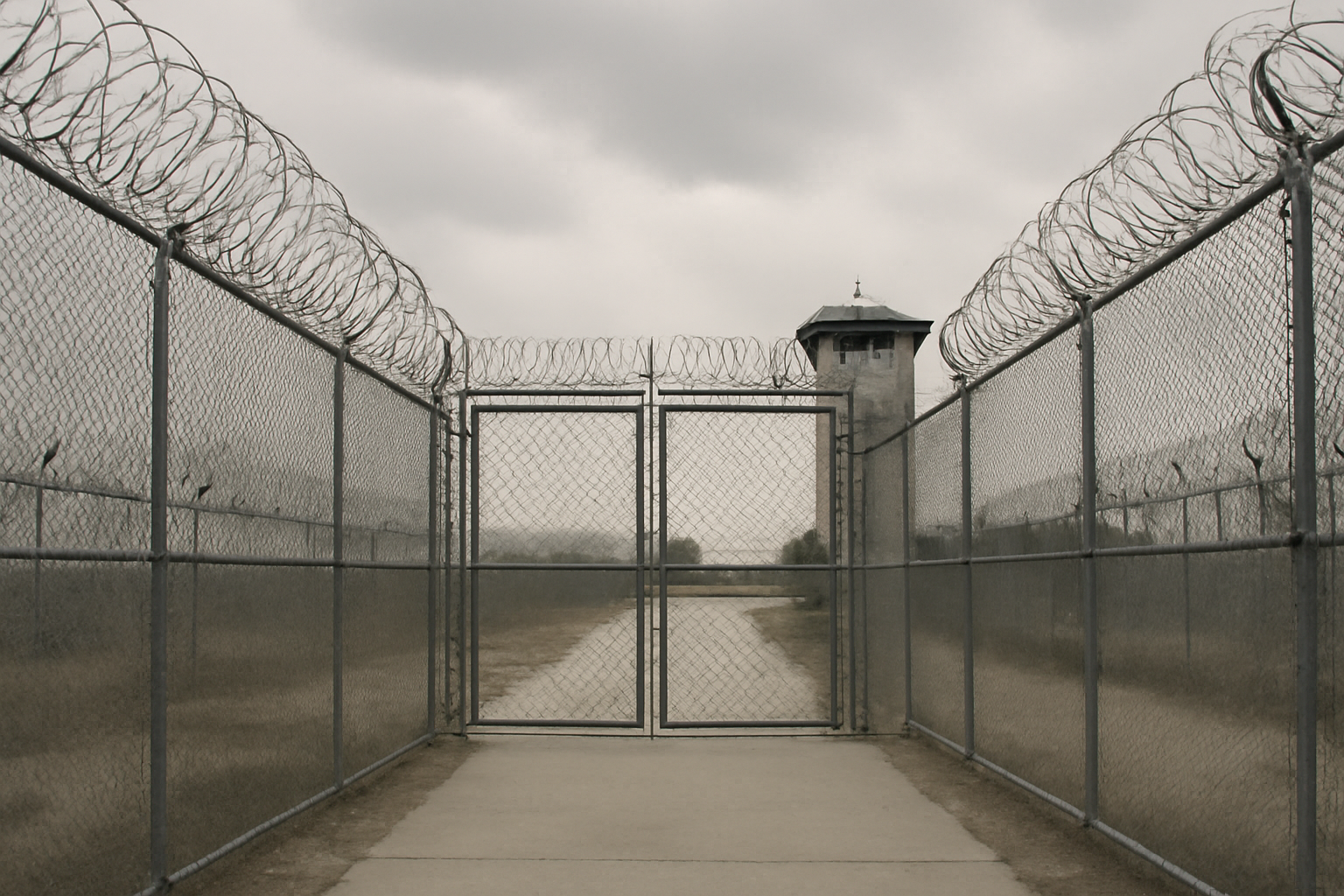 Exterior of a California state prison gate with a chain-link fence under overcast sky