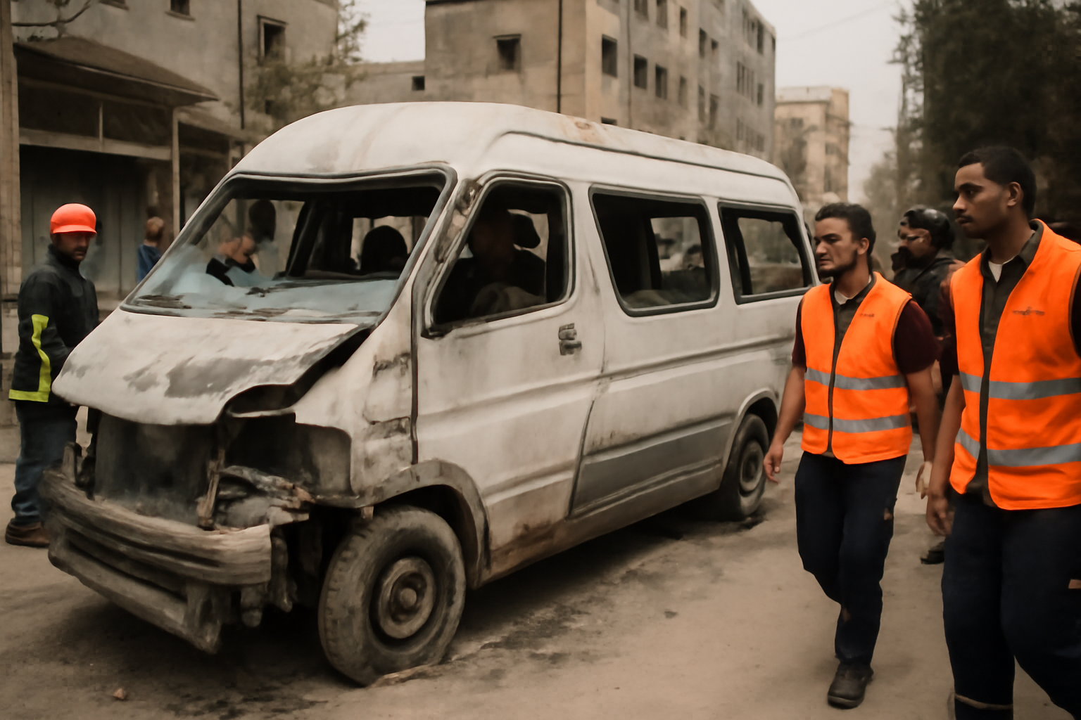 Emergency responders and residents gather near a damaged minibus on a Gaza City street
