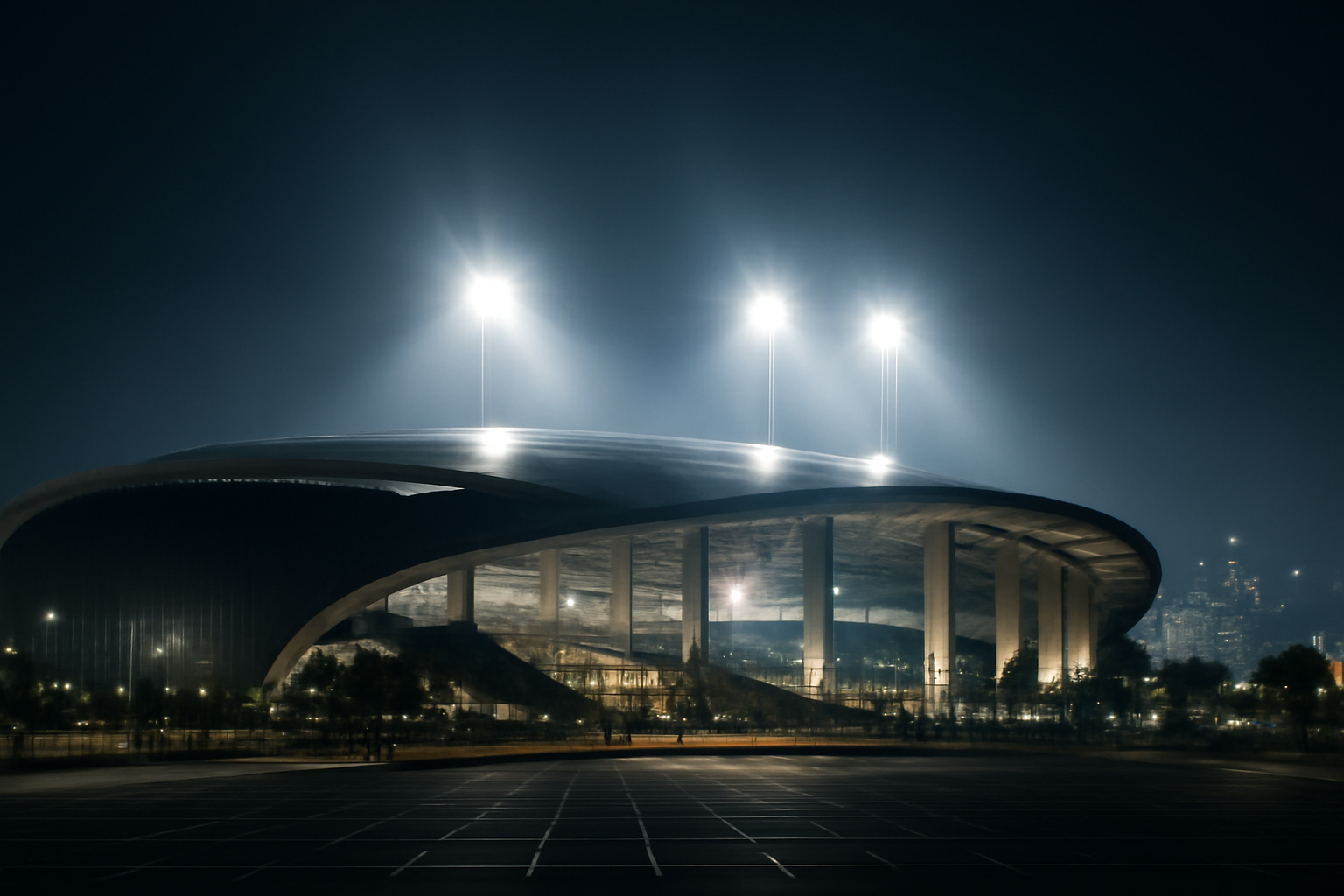 Exterior view of a large modern football stadium lit up at night under a clear sky