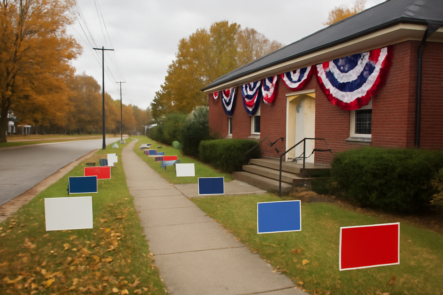Campaign yard signs and a polling place banner outside a Texas voting location