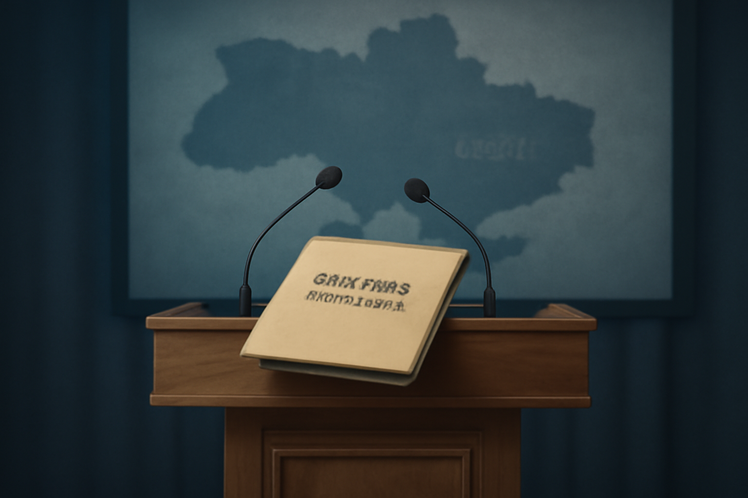 White House press podium with a Russia sanctions document and a Ukraine map in the background