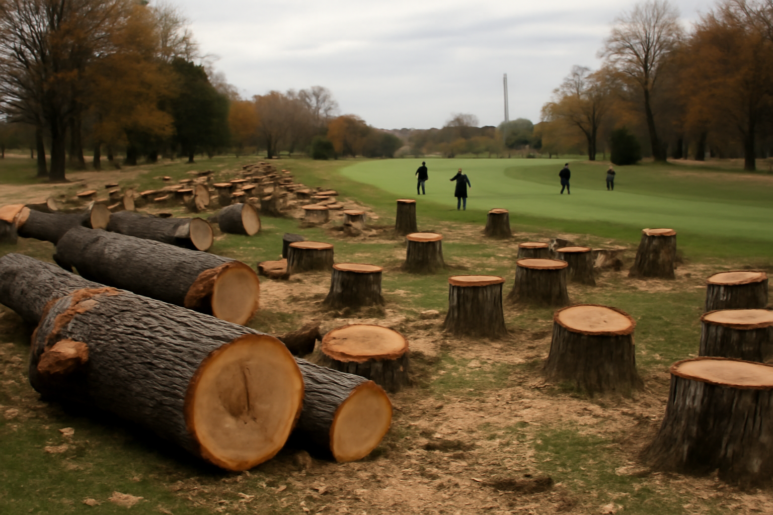 Rows of felled trees stacked beside a golf course fairway with golfers visible in the background