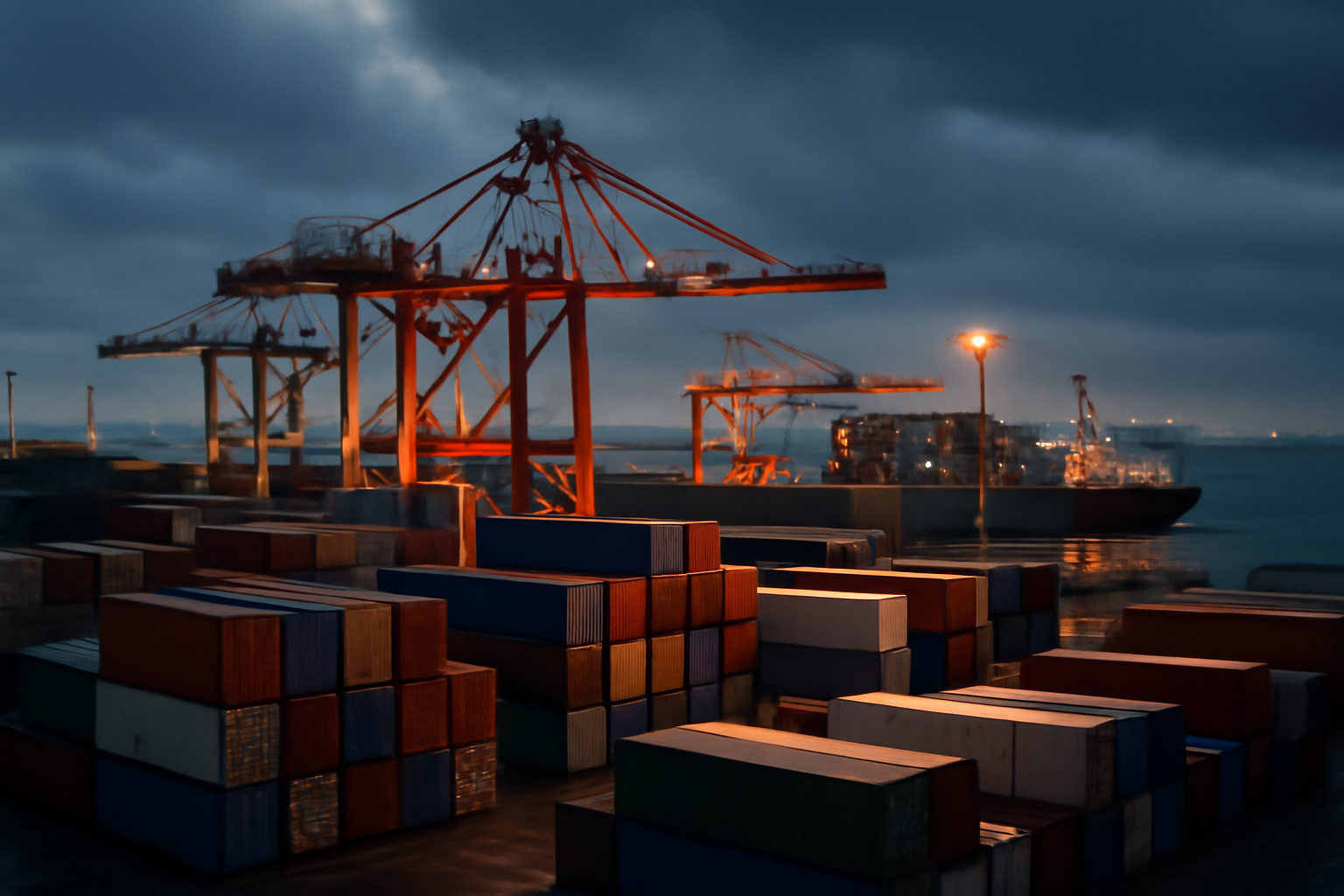 Shipping containers stacked at a Japanese port with cargo cranes against an overcast sky
