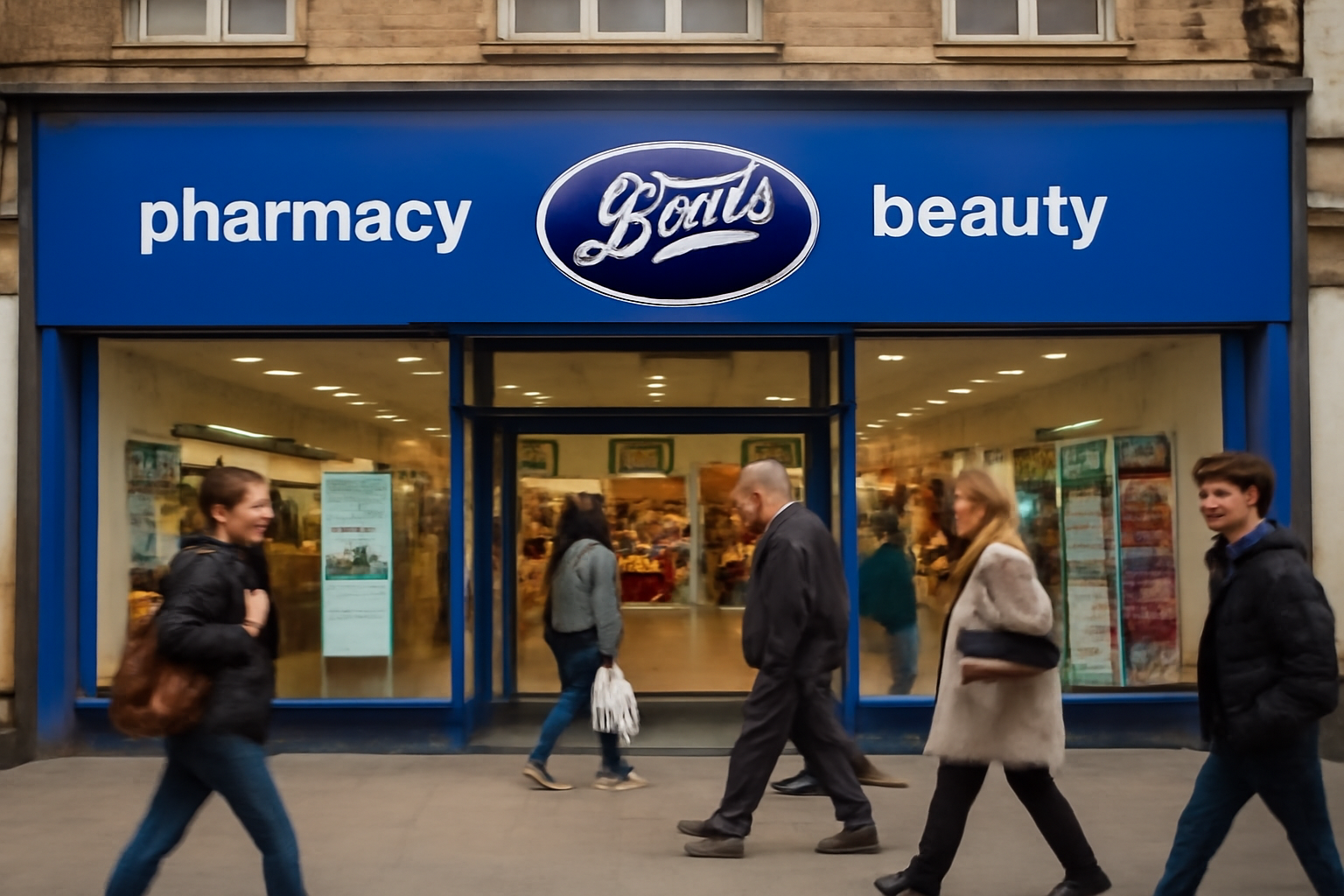 Exterior of a Boots pharmacy storefront on a British high street with shoppers passing by