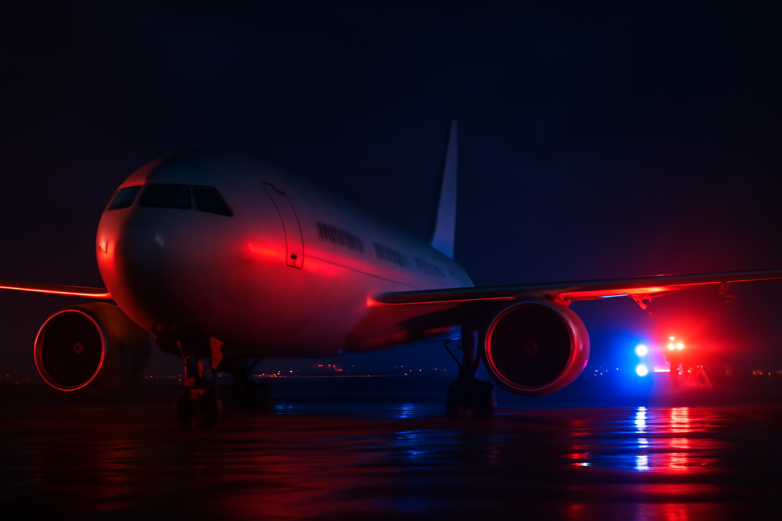 A commercial airliner on a tarmac at night with emergency lights nearby