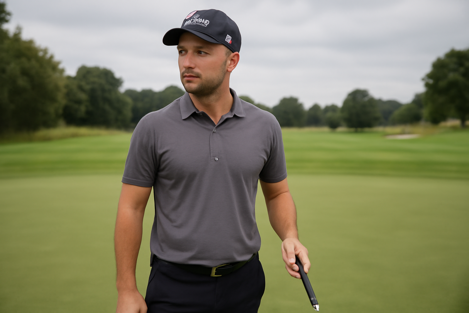 Golfer in tour attire speaking with reporters outside a tournament clubhouse