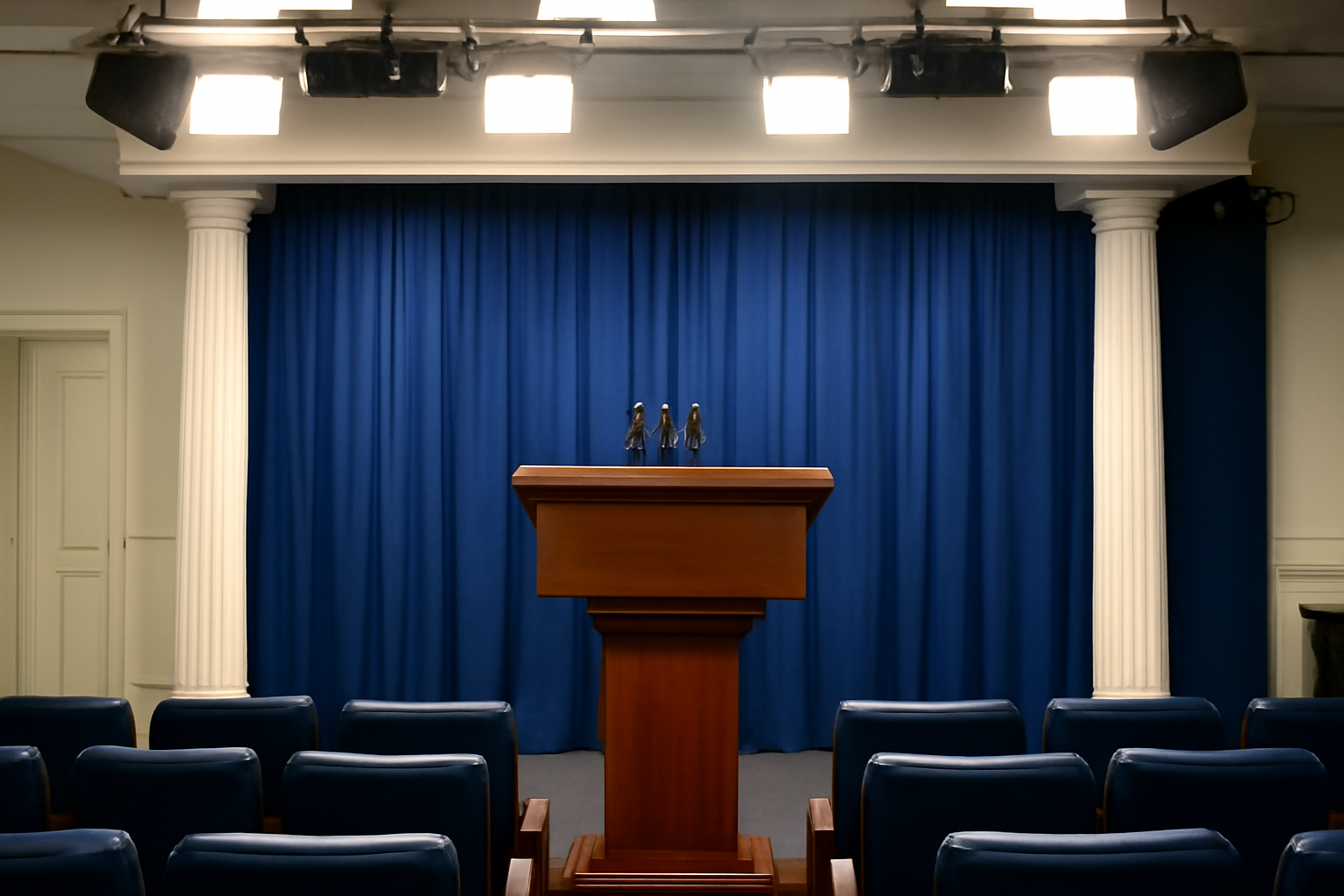 Empty White House press briefing room podium with microphones under bright television lighting