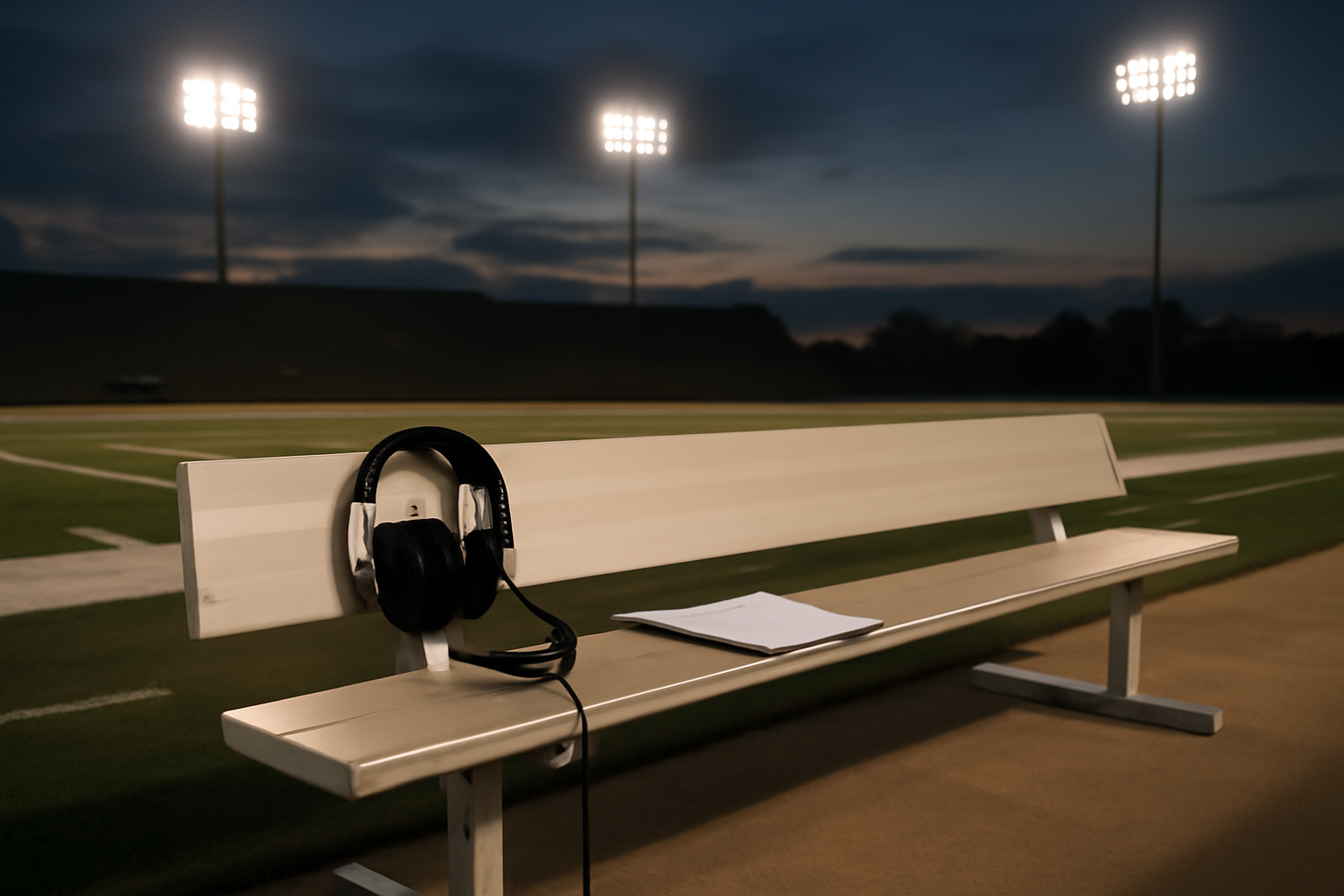 Empty sideline bench and headset equipment on a college football field under stadium lights