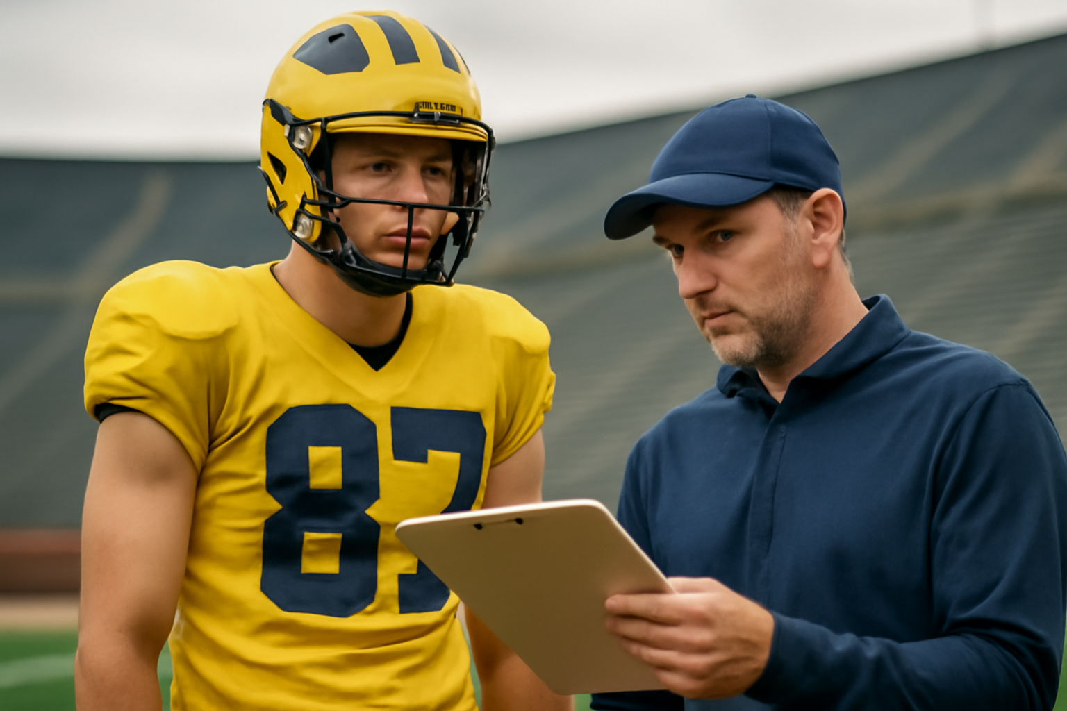 Michigan tight end in practice uniform standing near sideline with offensive coordinator in background