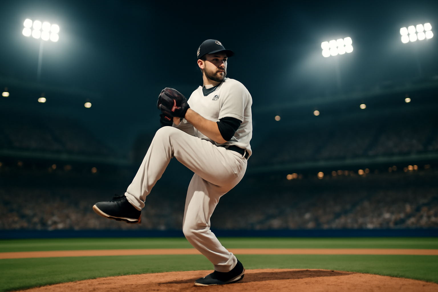 Yankees pitcher delivering a pitch at Yankee Stadium under lights during a postseason night game