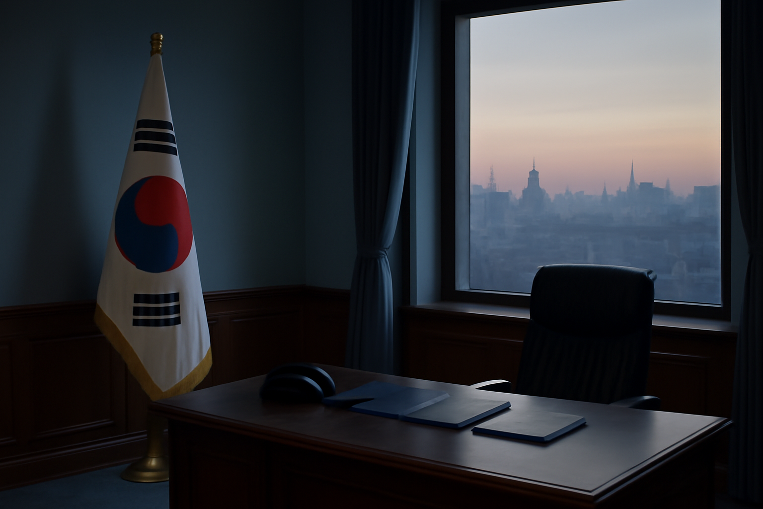 Empty ambassador's office with a South Korean flag folded on the desk and an unused chair facing a window overlooking Kyiv