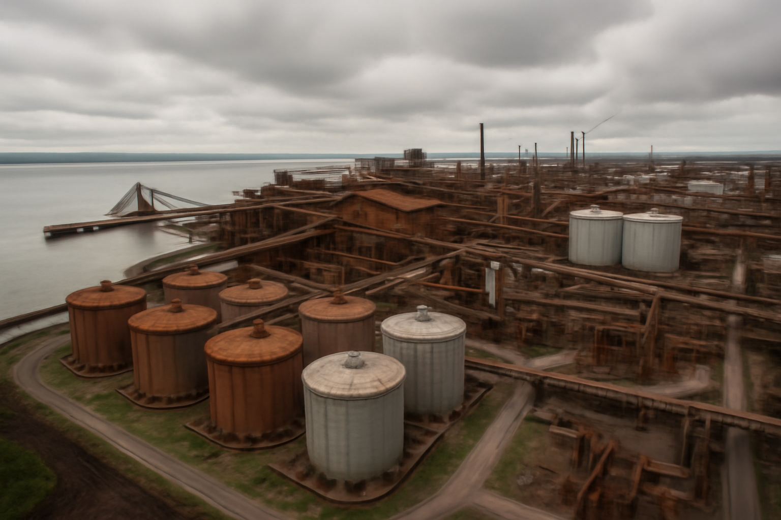 Aerial view of an industrial alumina refinery with storage tanks near a coastal estuary in Ireland