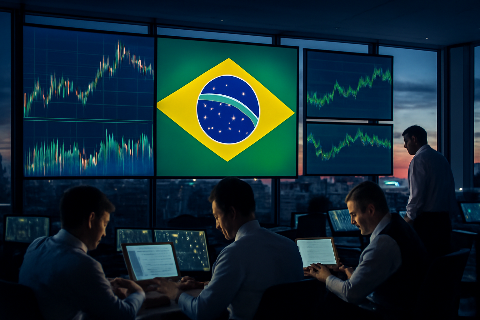 Trading floor screens showing Brazilian market indices beside a ballot box graphic ahead of a presidential runoff