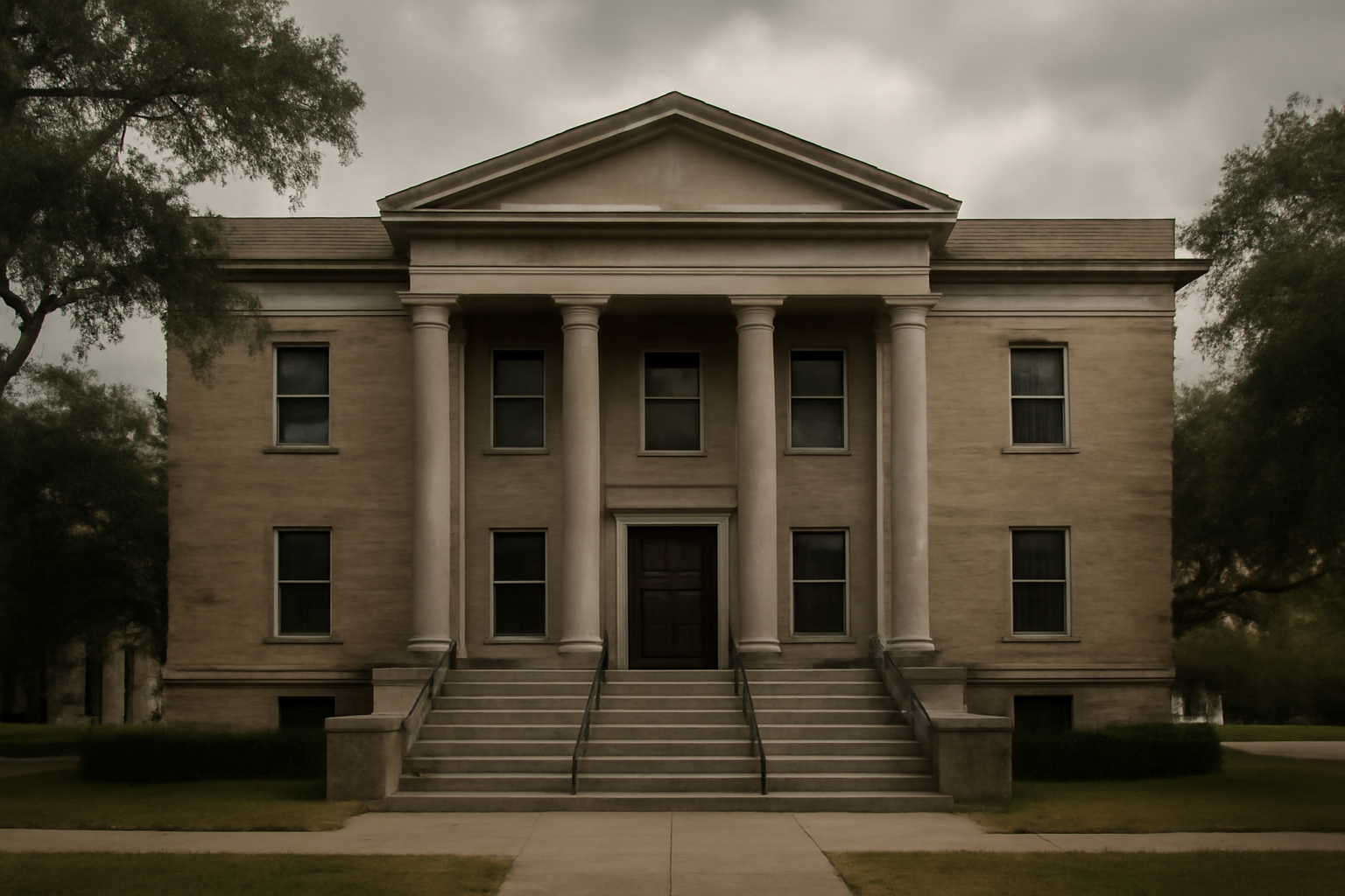 Grand jury courthouse steps under overcast Mississippi Gulf Coast sky