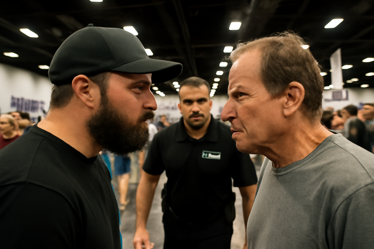 Two men in heated argument at a crowded convention hall with security nearby