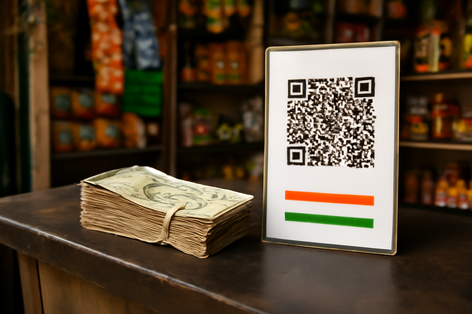 Indian shopkeeper counting rupee banknotes beside a UPI QR code payment sign
