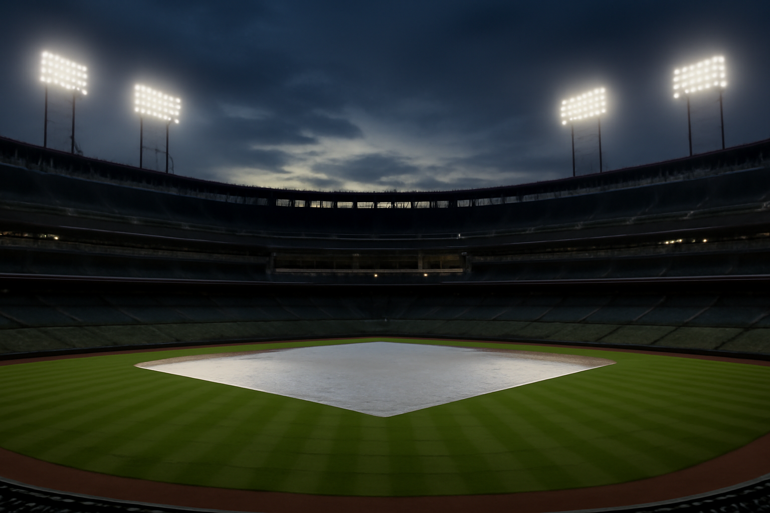 Empty MLB ballpark seating bowl under stadium lights before a playoff game