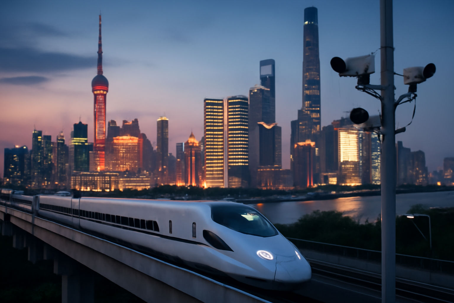 A modern Chinese city skyline with a bullet train passing in the foreground and surveillance cameras mounted on a nearby pole