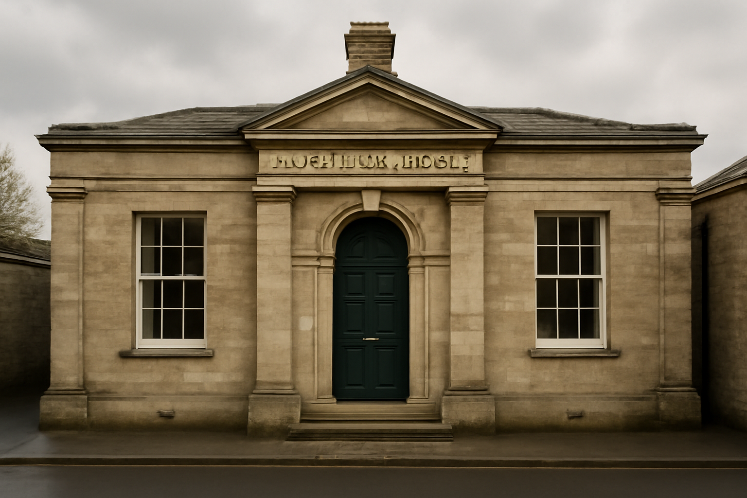 Exterior of a UK coroner's court building with a stone facade under an overcast sky