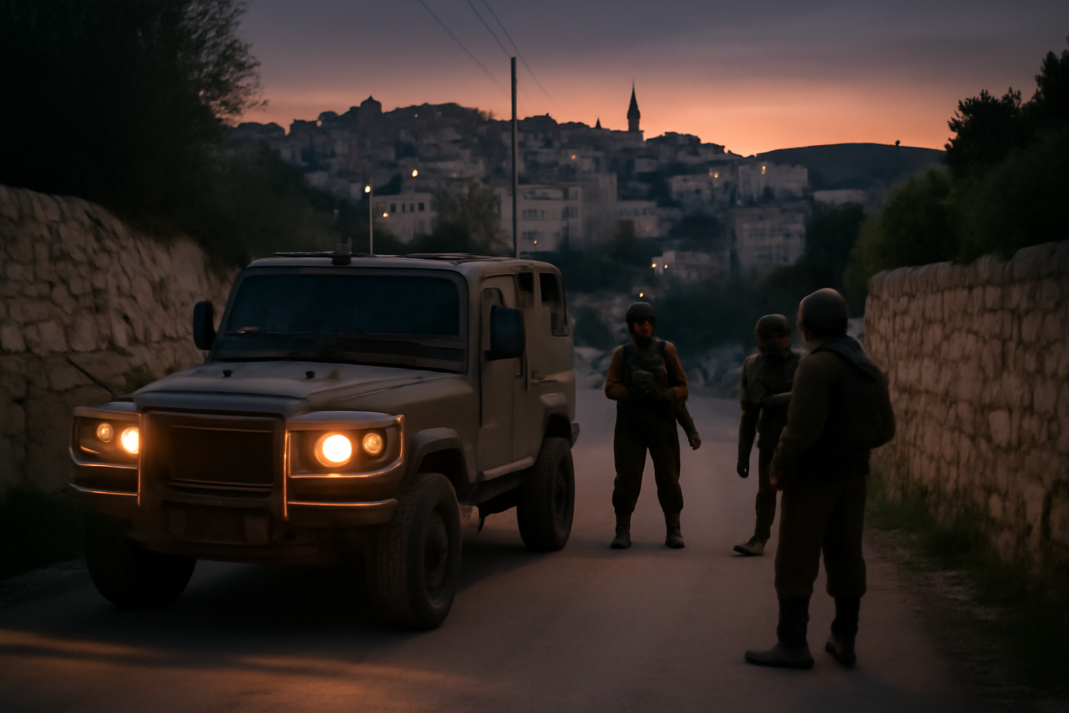 Israeli military vehicle stationed at a checkpoint entrance to the West Bank town of Biddu