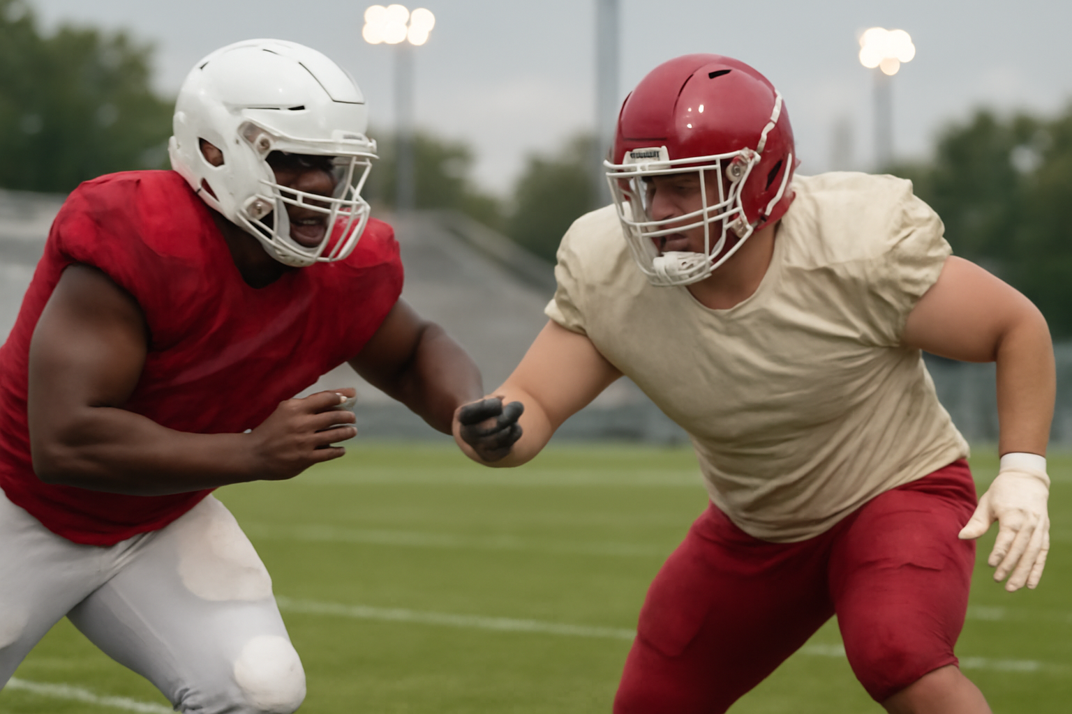 Indiana Hoosiers defensive linemen running drills on a college football practice field