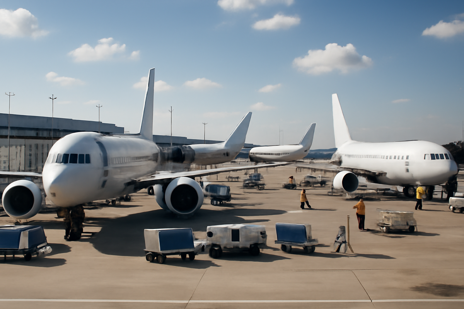 Commercial airliners parked at gates during a busy afternoon at a U.S. airport terminal