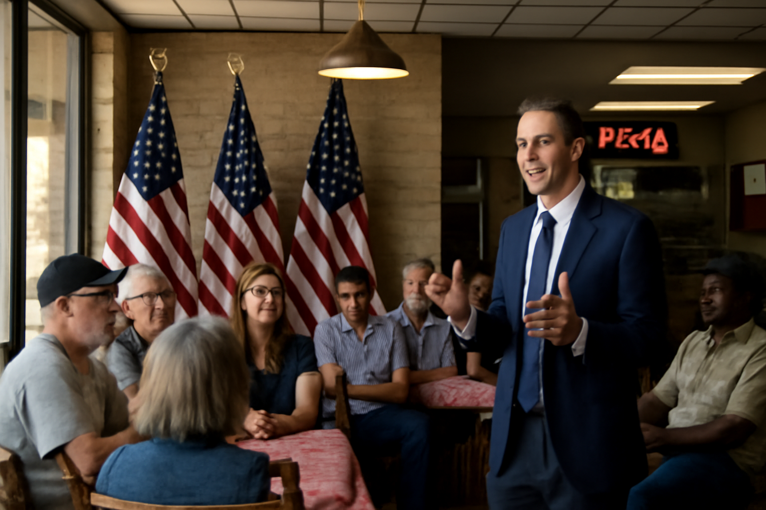 A campaign event at a small-town Texas restaurant with American flags and a crowd gathered indoors