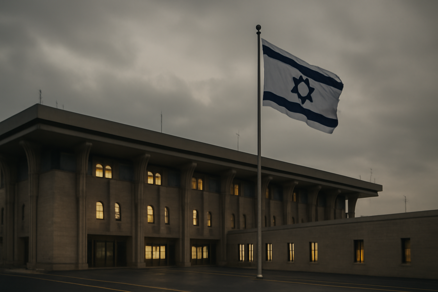 Israeli government building exterior with flag, overcast lighting, no visible text
