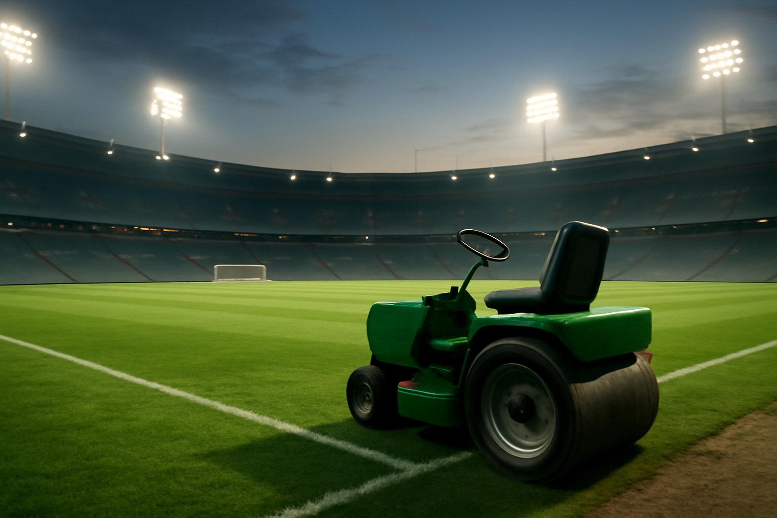 Grounds crew lawn roller sitting on a soccer pitch near the sideline during halftime