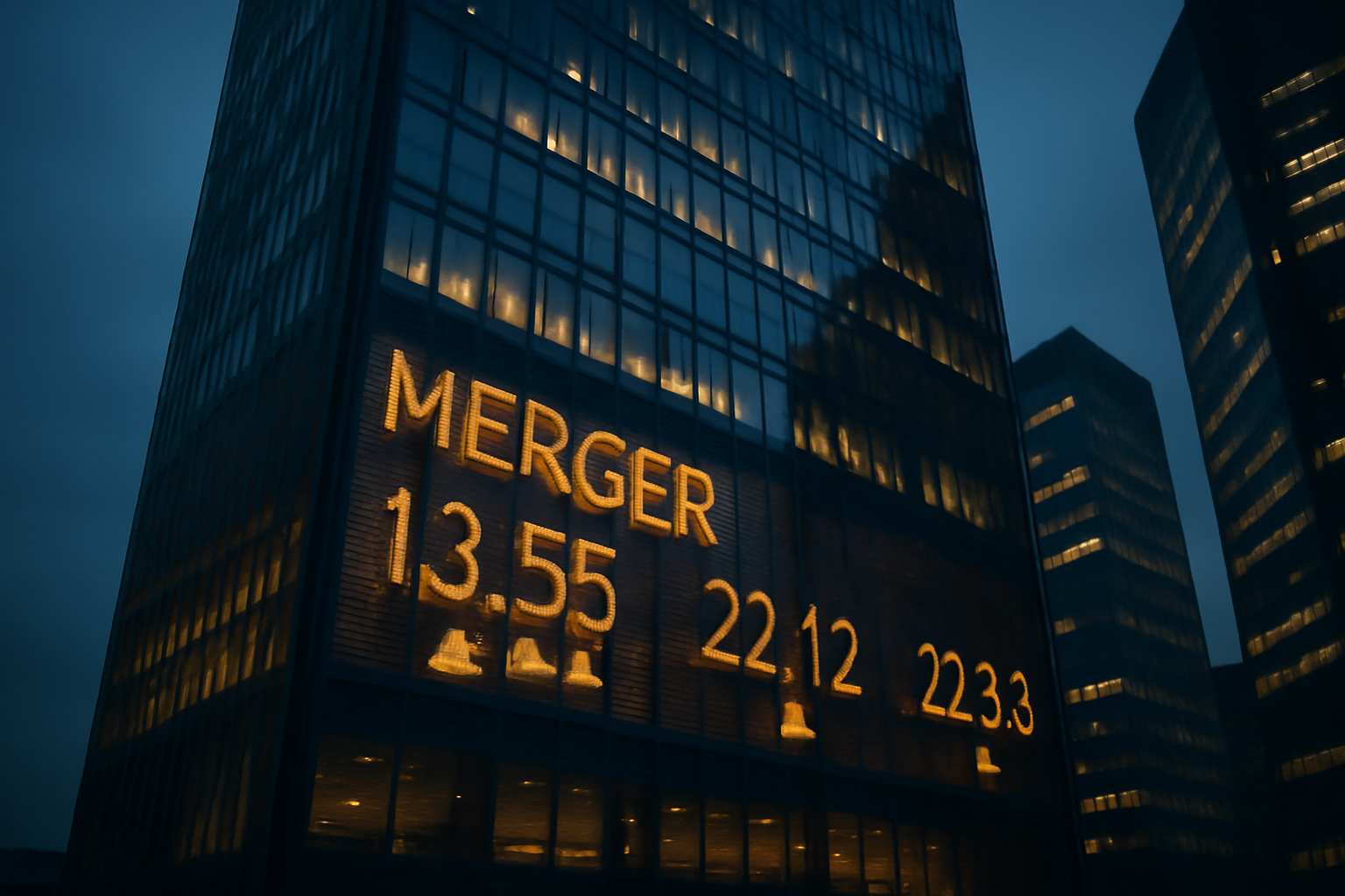 Paramount and Warner Bros Discovery corporate logos displayed near a stock ticker board showing debt figures