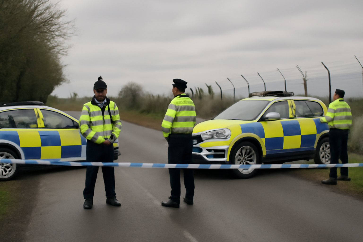 Police cordon and officers standing near a rural airfield perimeter in Gloucestershire, England