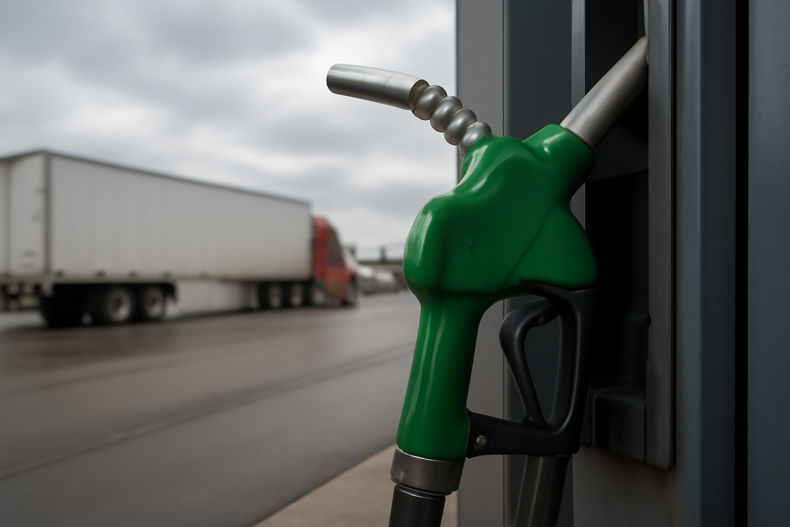 A diesel fuel pump nozzle at a highway truck stop under overcast sky