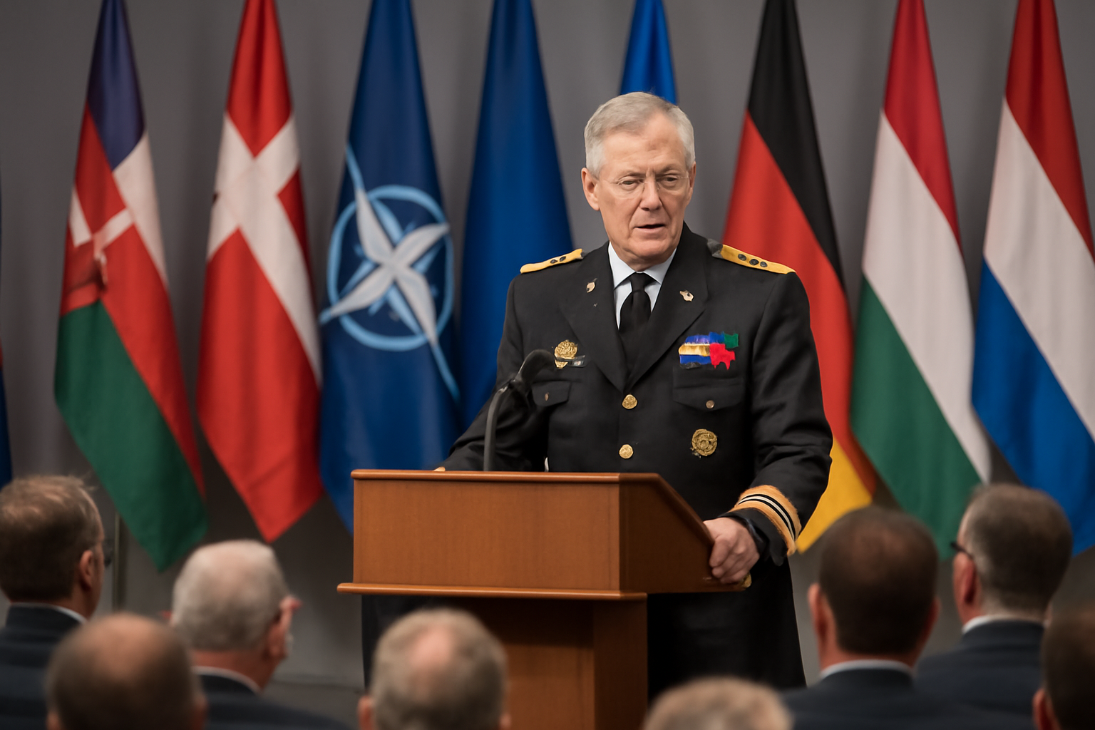 NATO commander speaking at a security forum podium with a European flag backdrop