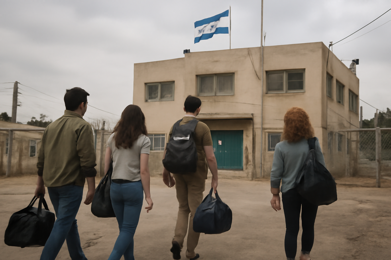 Young adults carrying duffel bags walk toward an Israeli military induction office.