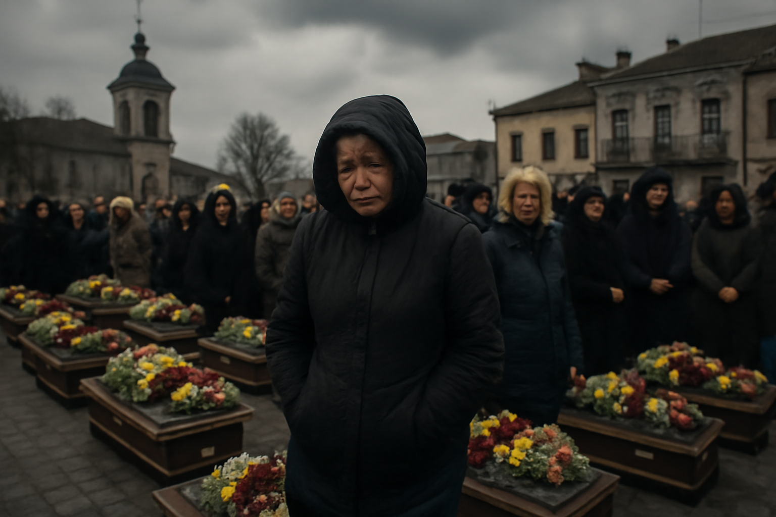 Mourners stand around children's coffins in a Ukrainian town square after a Russian strike.