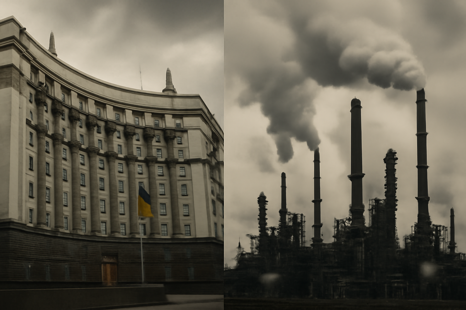 Ukrainian President Volodymyr Zelenskyy and a Russian oil refinery split-screen with diesel fuel imagery