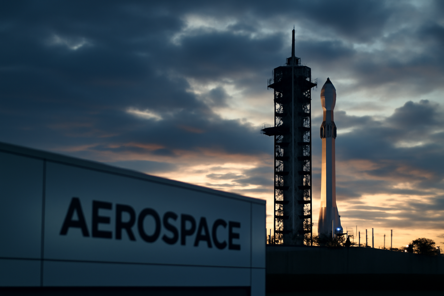 Rocket launch pad at dusk with corporate signage in the foreground, symbolizing a tech company name change