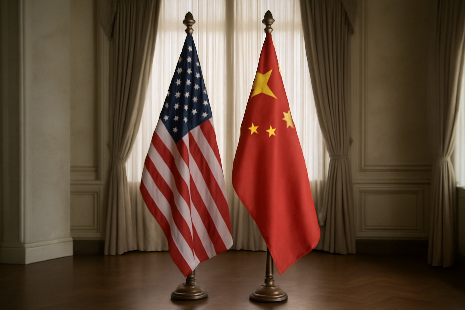 Flags of the United States and China displayed side by side against a backdrop suggesting global trade and finance