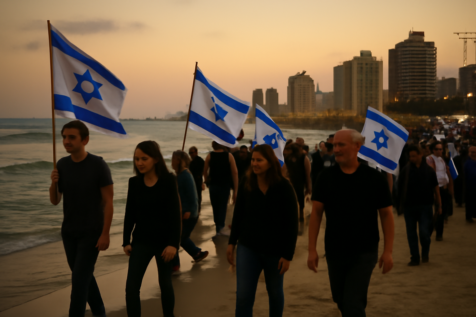 Flag-carrying Israelis walk along a Tel Aviv beach during a commemoration marking the anniversary of the October 7 attacks