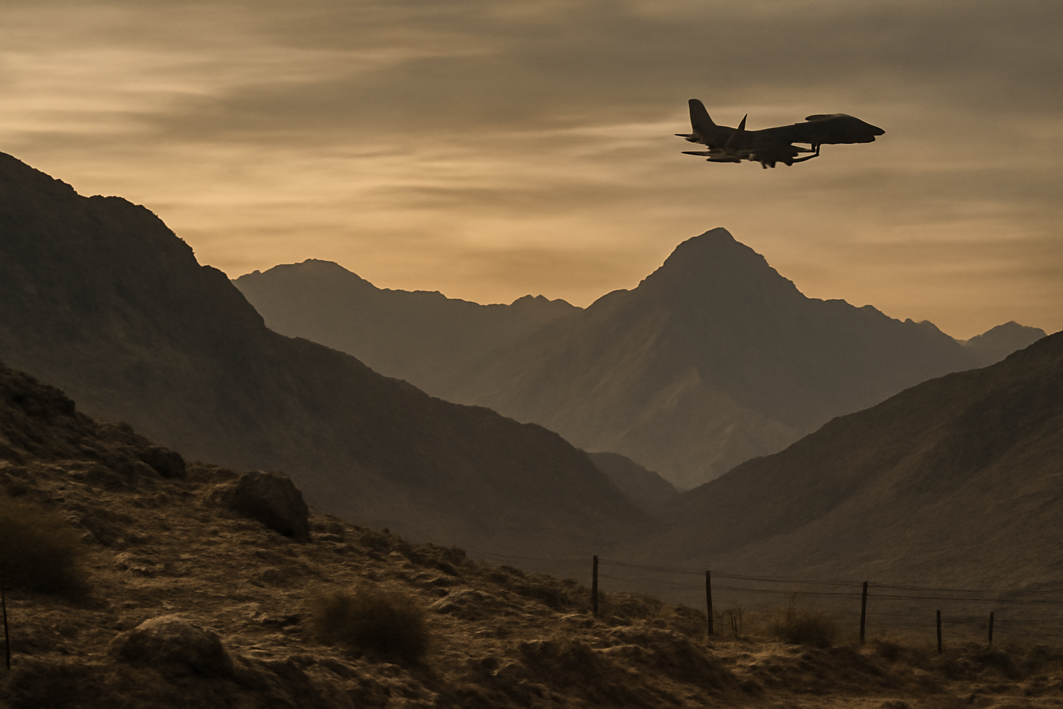 Military aircraft silhouette over a mountainous border region at dusk