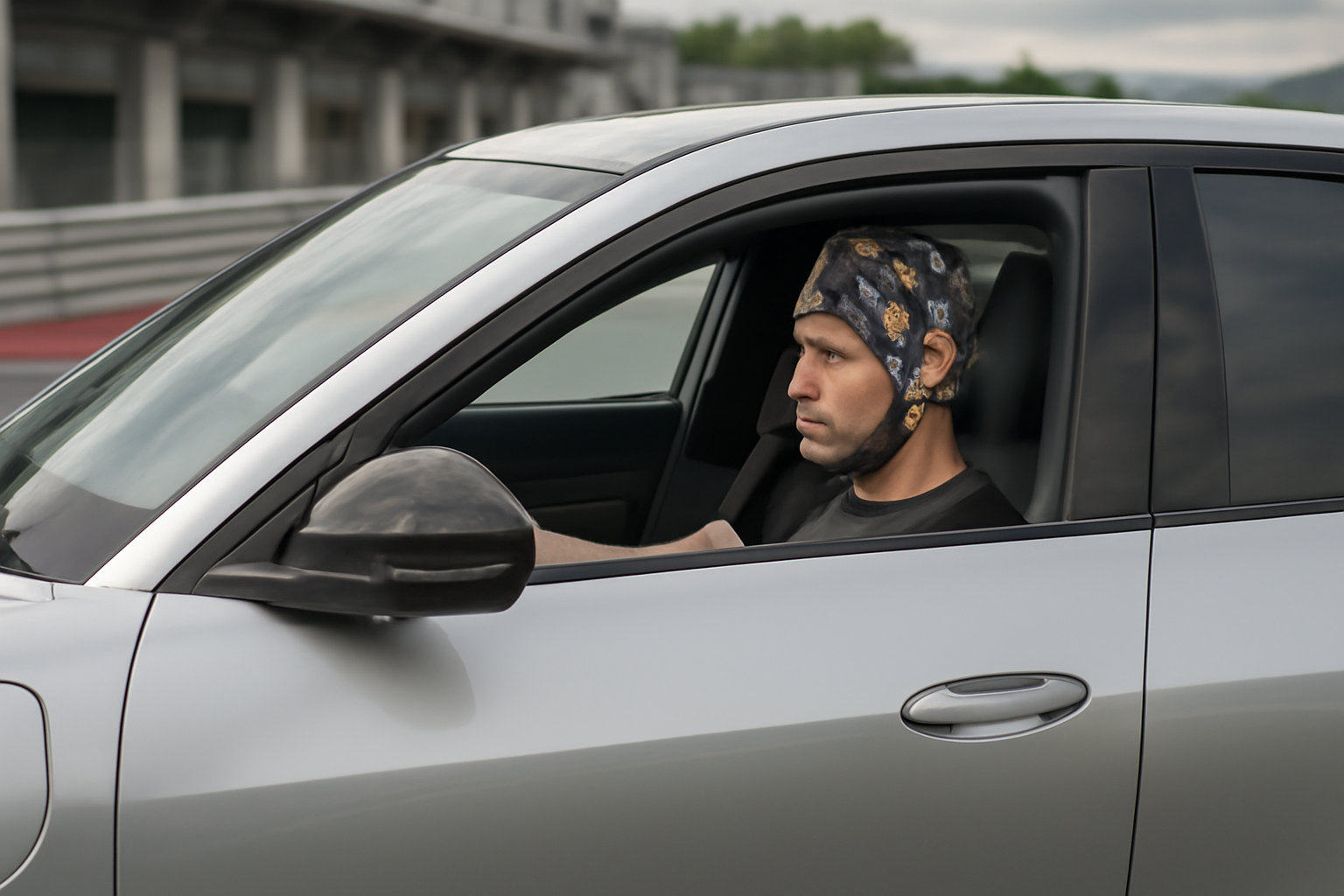 A driver wearing an electrode-studded skullcap and heart rate monitor sits in a Polestar 4 on a race track