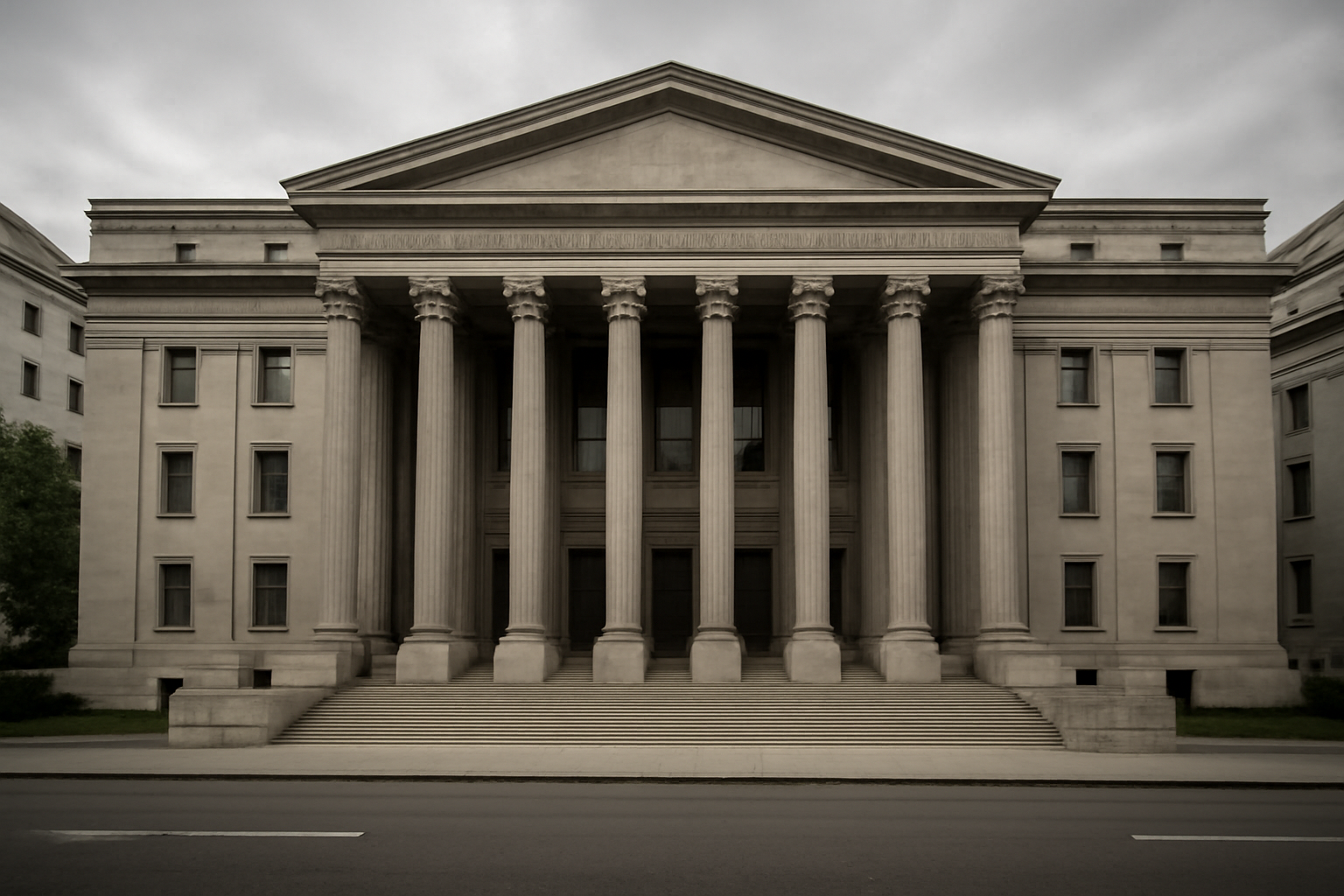 Exterior of a federal courthouse building with columns under an overcast Washington sky