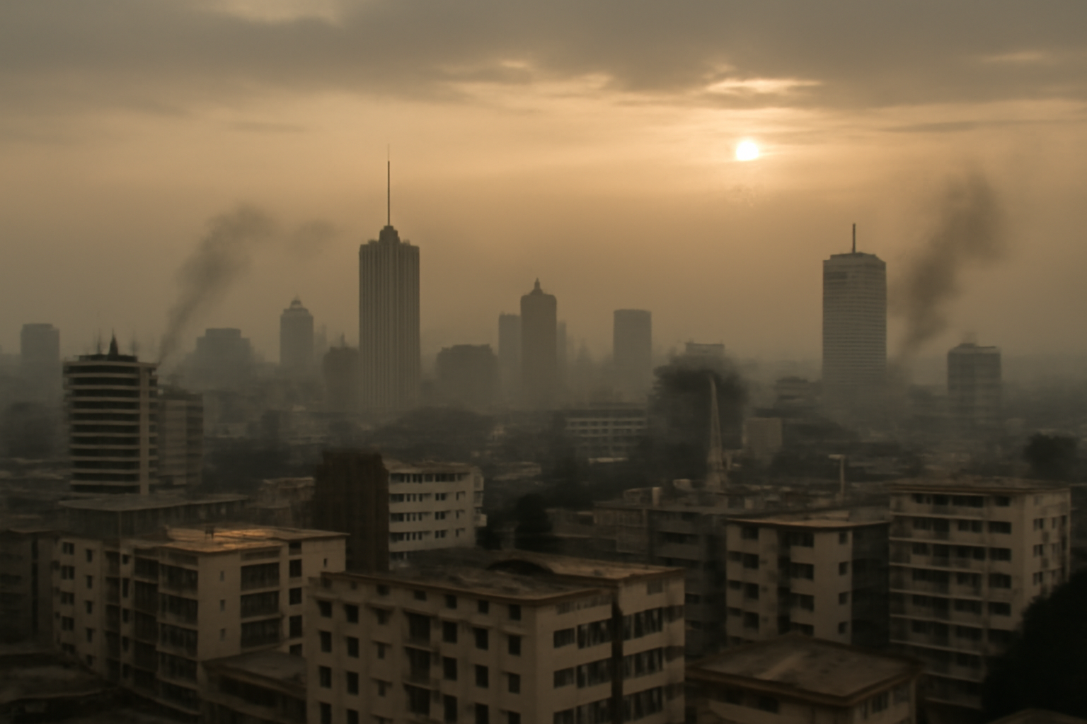 City skyline at dusk with faint smoke rising near distant buildings