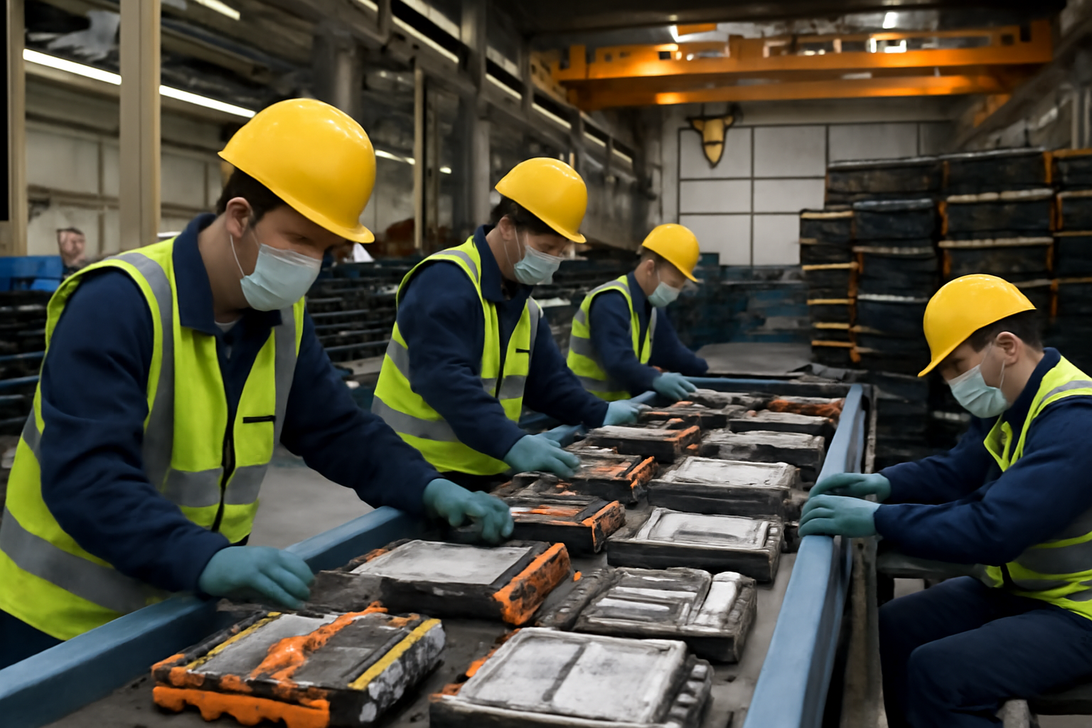 Workers sorting disassembled electric vehicle battery packs at a Chinese recycling facility